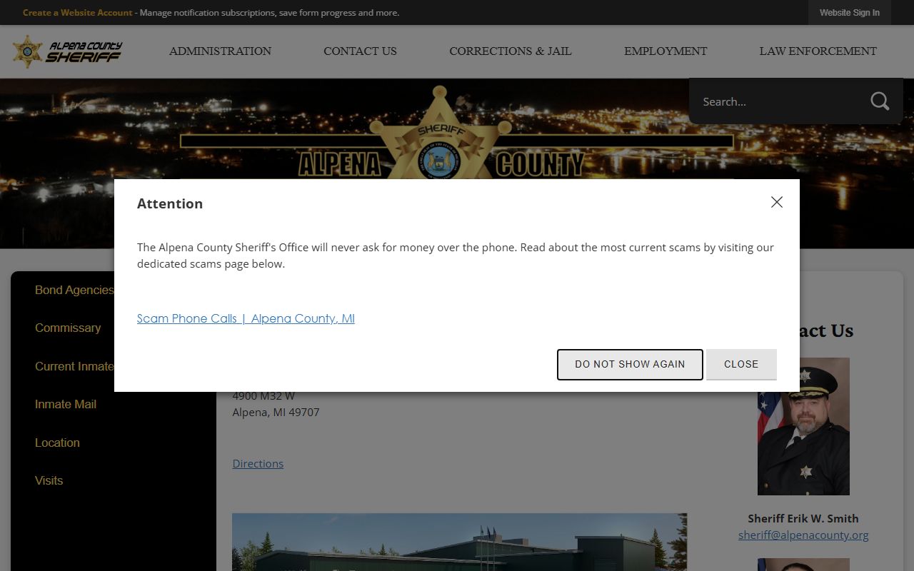Alpena County Sheriff's Office and Jail capacity and location page